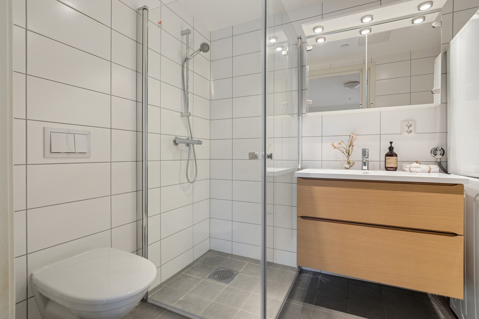 Innredningen består av et vegghengt toalett med innebygd sisterne, en servant med tilhørende overskap med speilfront og lys, samt en dusj. Det er opplegg for vaskemaskin. Galleribilde