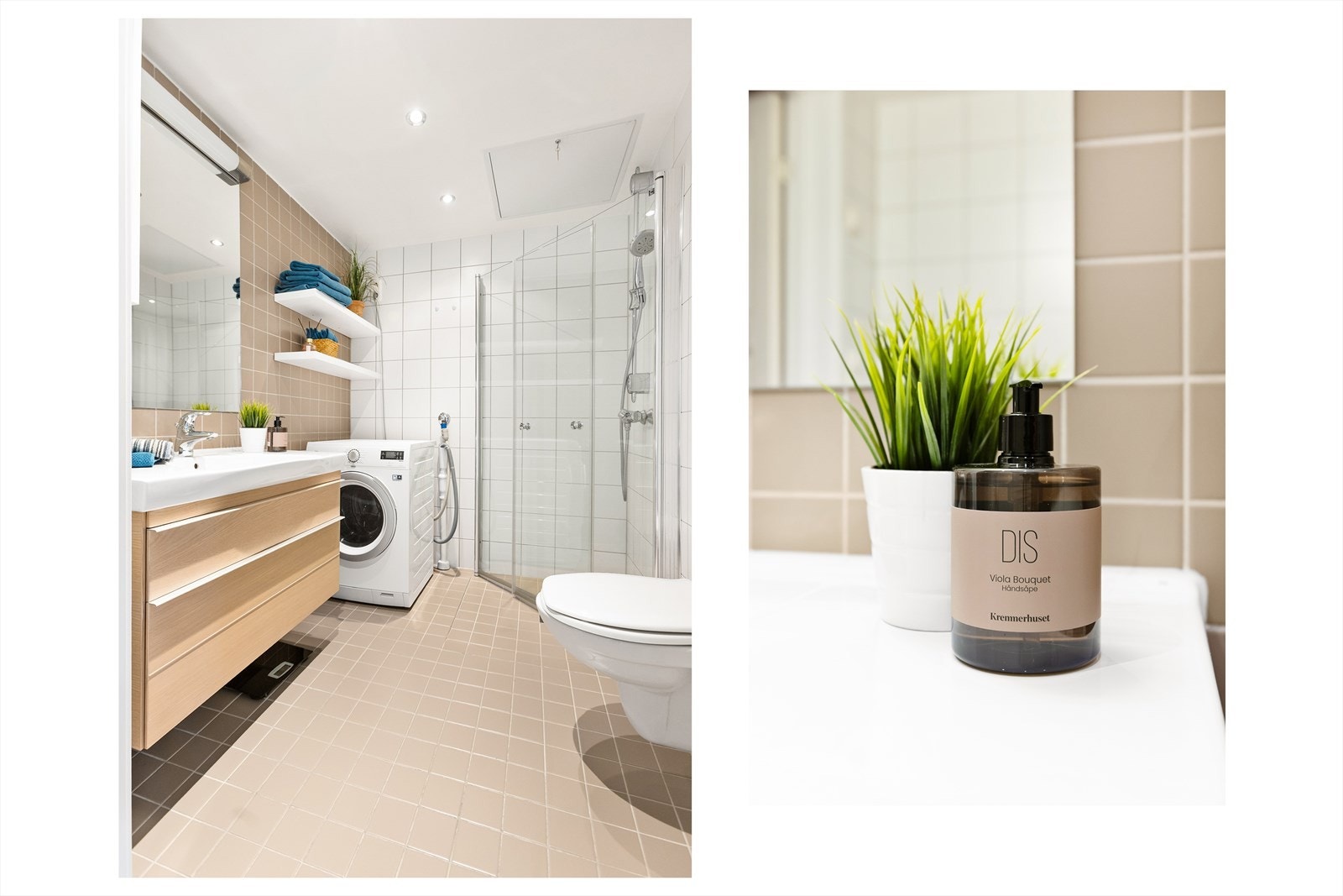 Pen bad utstyrt med heldekkende servant på møblement, speil med belysning og veggskap for ekstra oppbevaring. Videre har badet veggmontert toalett, dusjhjørne med innfellbare glassdører, samt opplegg for vaskemaskin og tørketrommel. Galleribilde