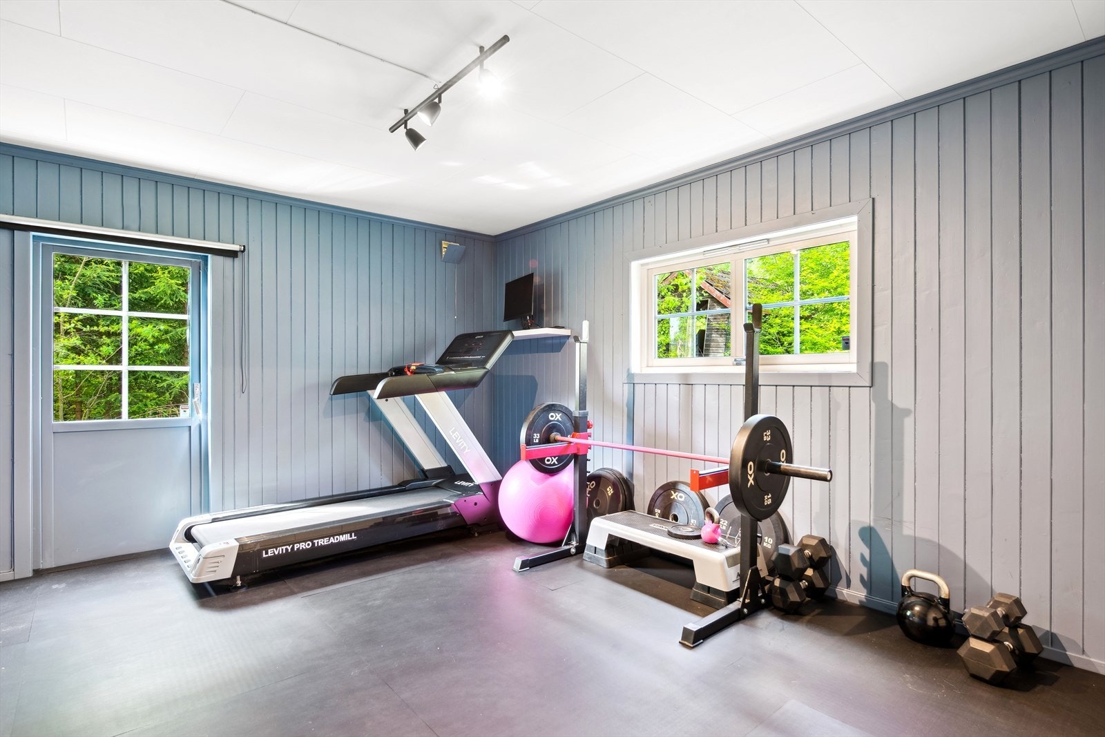 Innredet rom 1.etasje som er i bruk som et praktisk treningsrom med utgang til hagearealet. Galleribilde