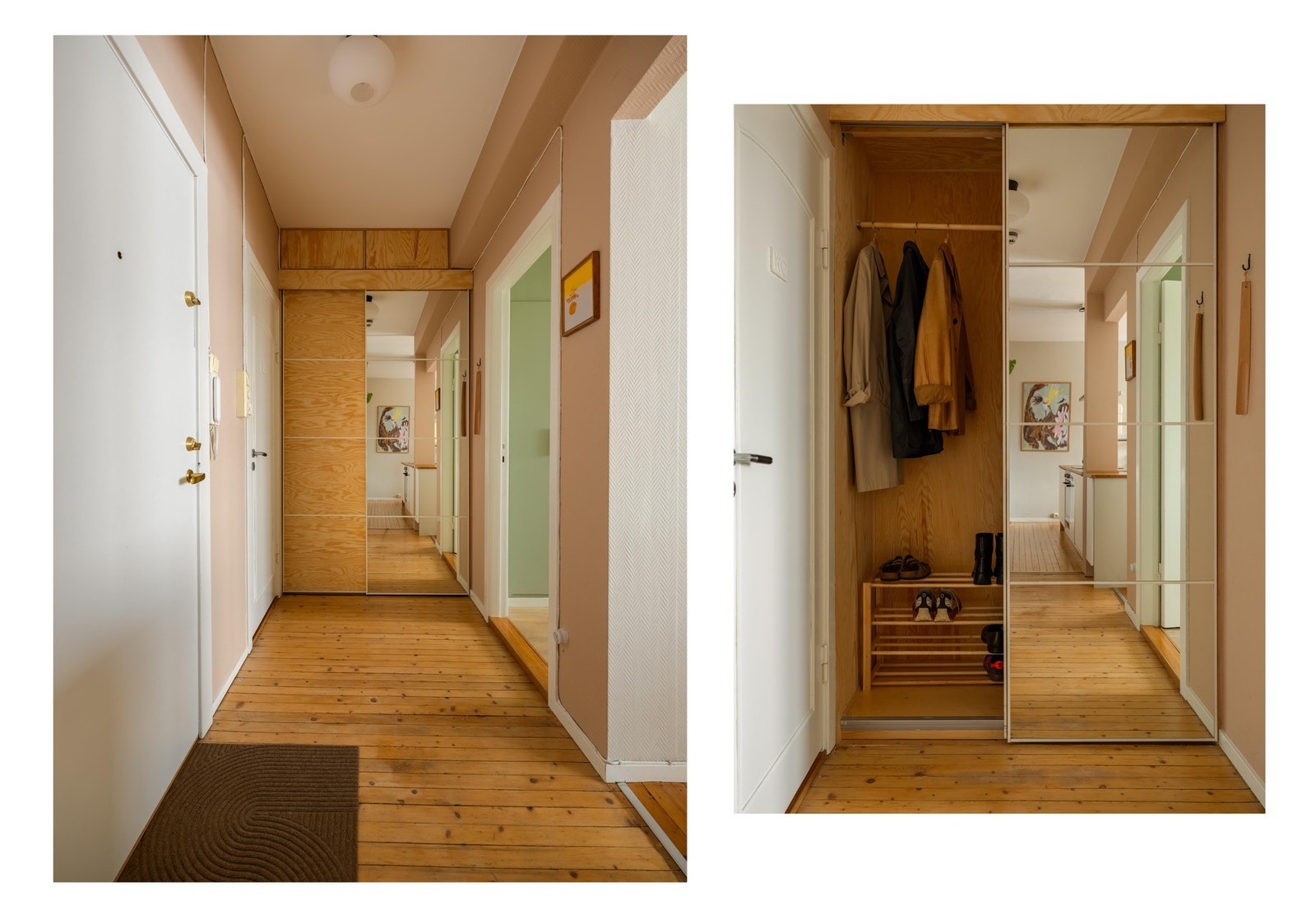 Entreen er av fin størrelse. Her er det plass til oppheng av yttertøy og lagring av sko i plassbygget skyvedørsgarderobe. Galleribilde