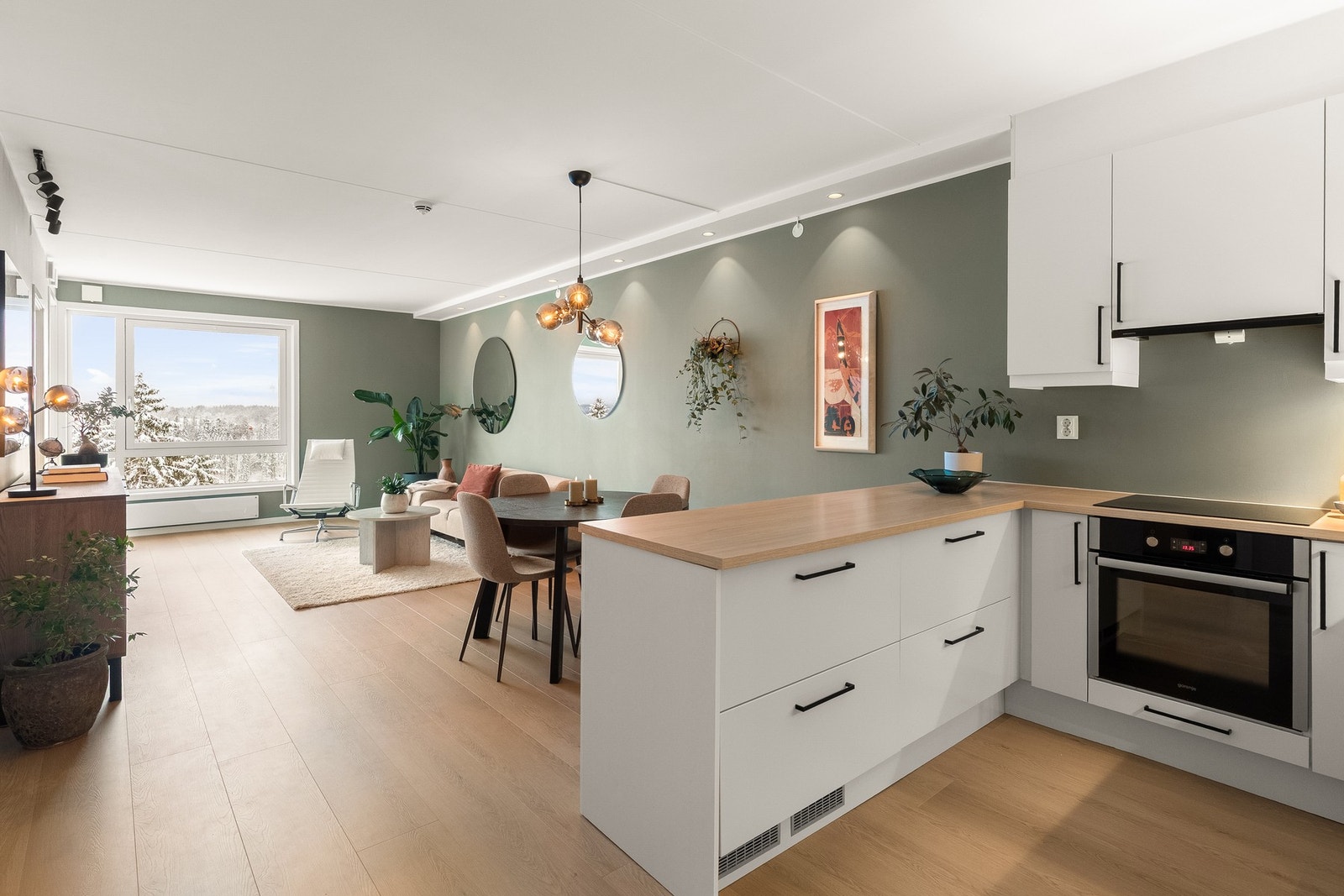 Hvitevarene er integrert og består av induksjonstopp, stekeovn, oppvaskmaskin og kjøleskuffer. Galleribilde