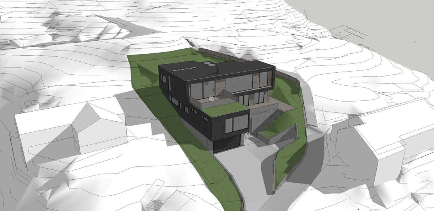 Arkitekturprosjektering (estetikk, planløsning): Grung Arkitektur a/s.
Boligens plassering av volumer og utearealer er i stor grad tilpasset eiendommens topografiske premisser Galleribilde