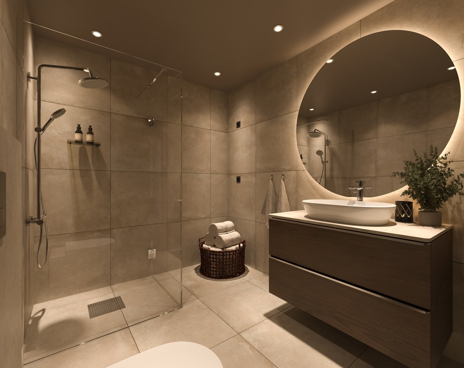 Delikat baderom med elegante travertinmønstret fliser i lun kremfarge. Elektrisk varme i gulvet. Generell illustrasjon vist med standard leveranse. Galleribilde