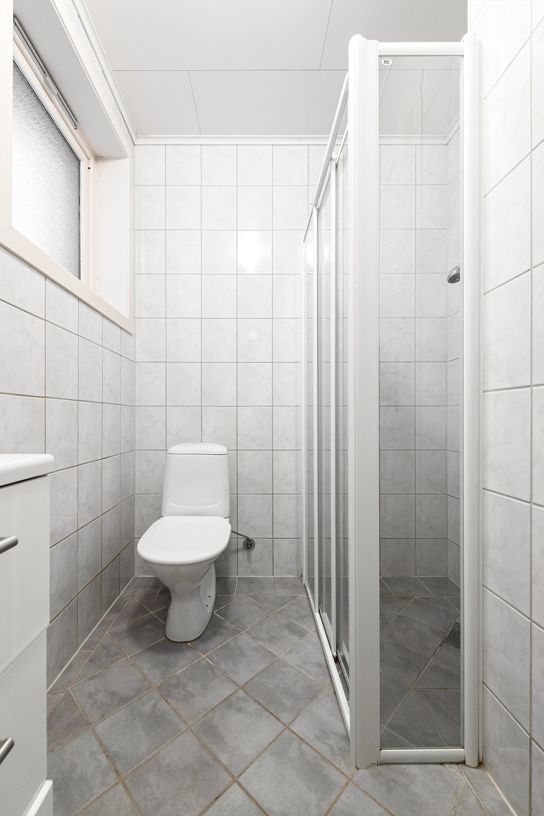 Dusjnisje med skyvedører. Gulvstående toalett. Elektrisk styrt vifte. Galleribilde