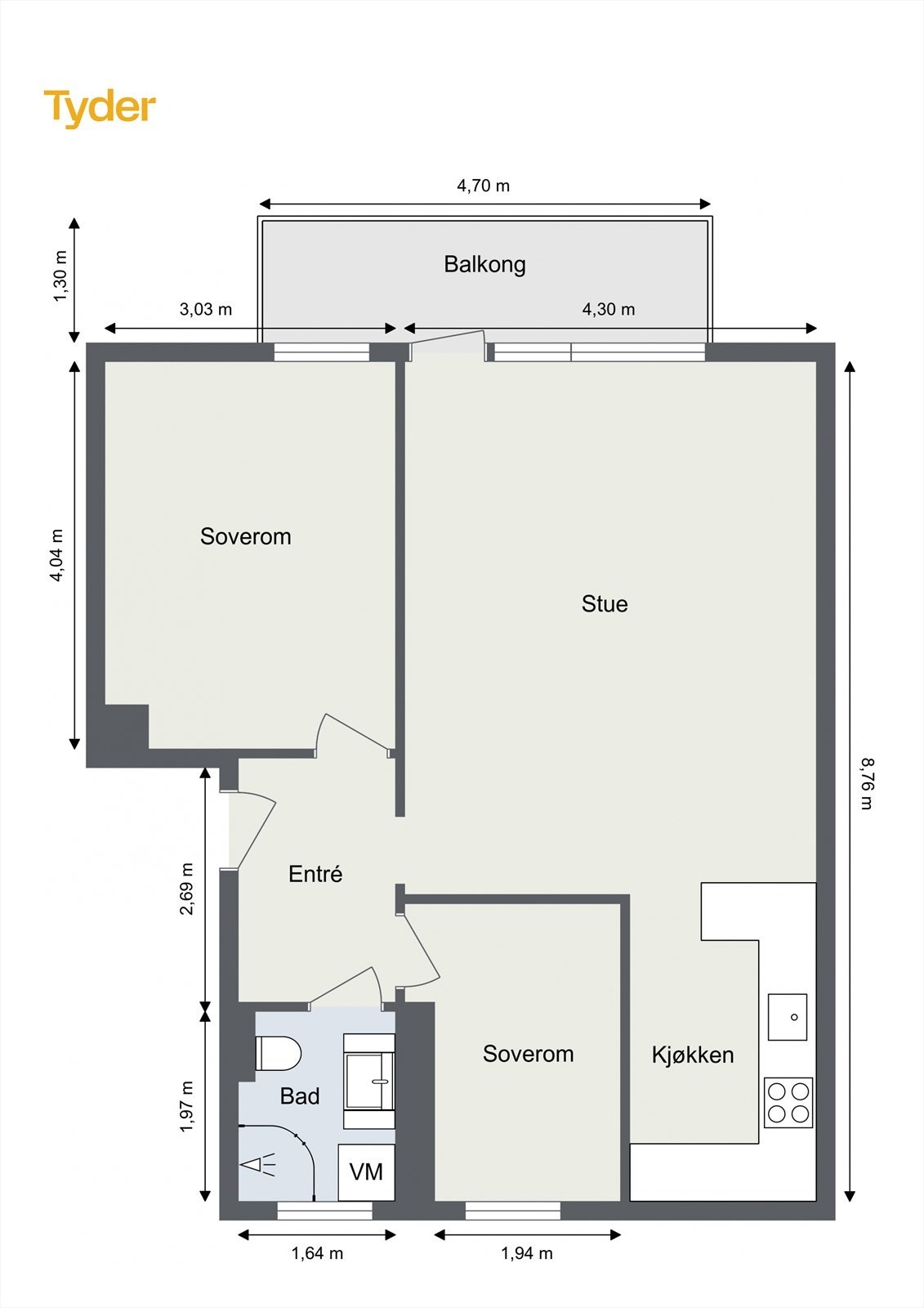 Plantegningen viser en god romfordeling med entré, bad, to soverom, kjøkken og stue. Galleribilde