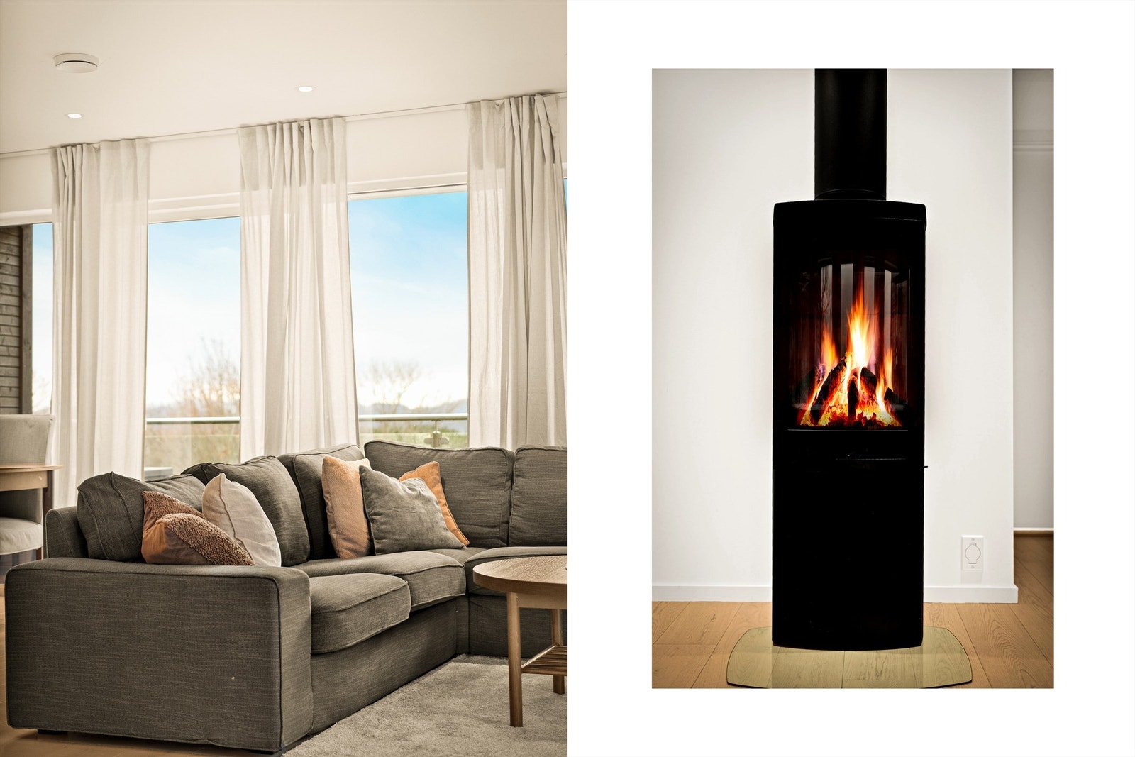 Det er montert peis i stuen som gir både hygge og varme på kalde vinterdager. Galleribilde