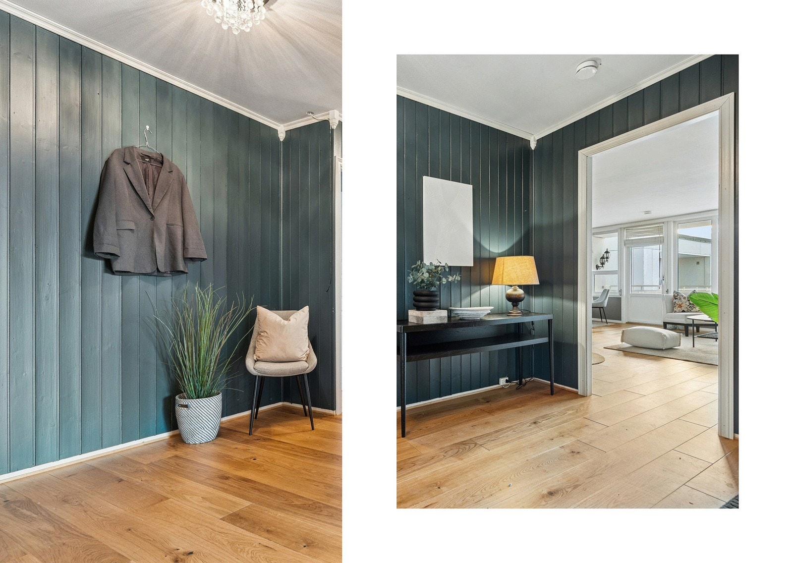 Velkommen inn! Entréen er romslig og det er varme i gulvet. Gulvet er forøvrig belagt med lun 1-stavs parkett. Galleribilde