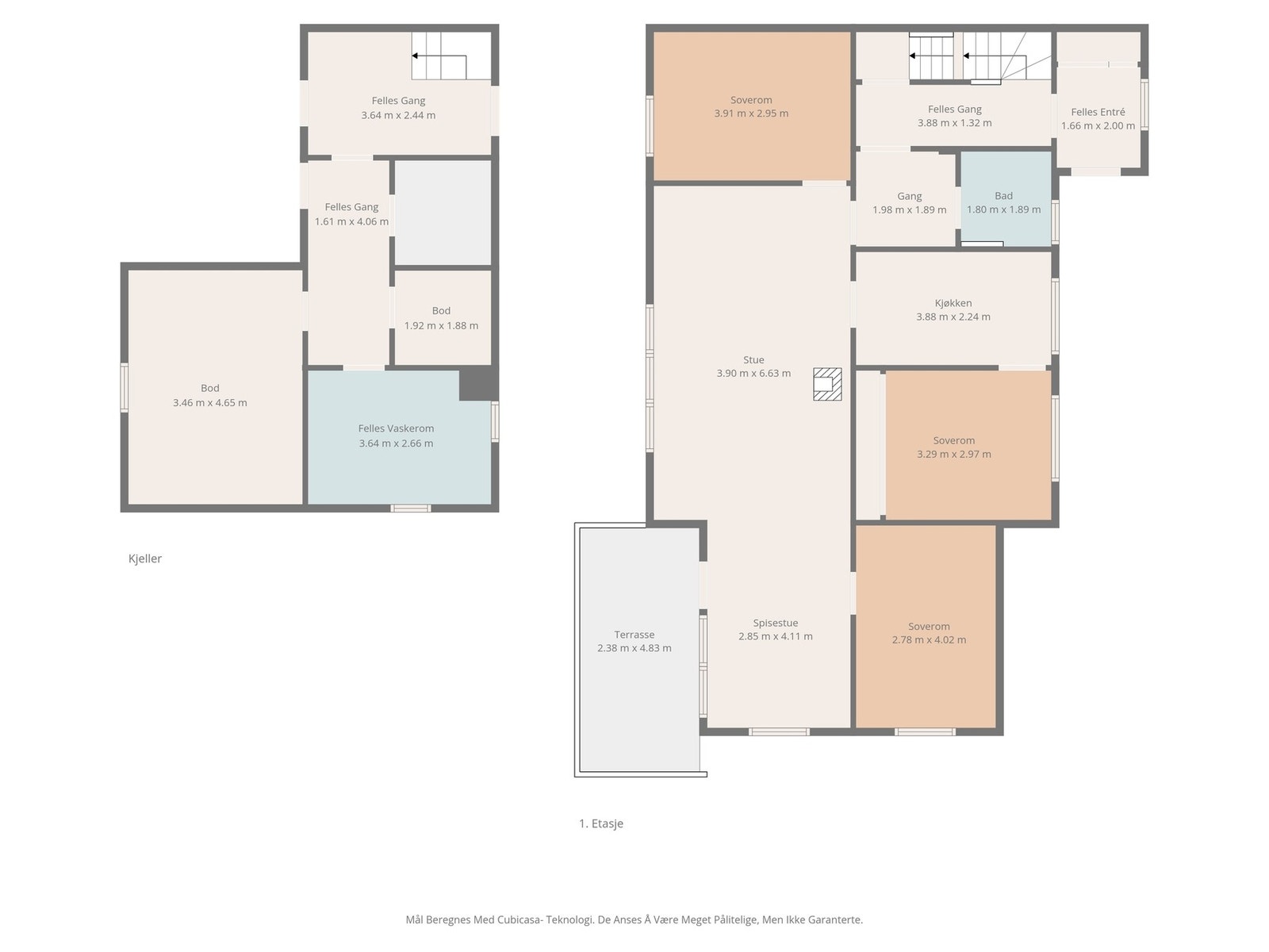 Plantegning for kjeller og 1.etasje. Galleribilde