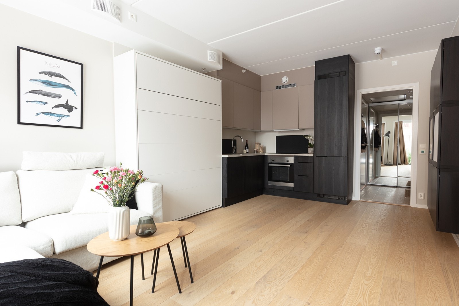 En arealeffektiv leilighet med åpen løsning mellom stue og kjøkken. Galleribilde