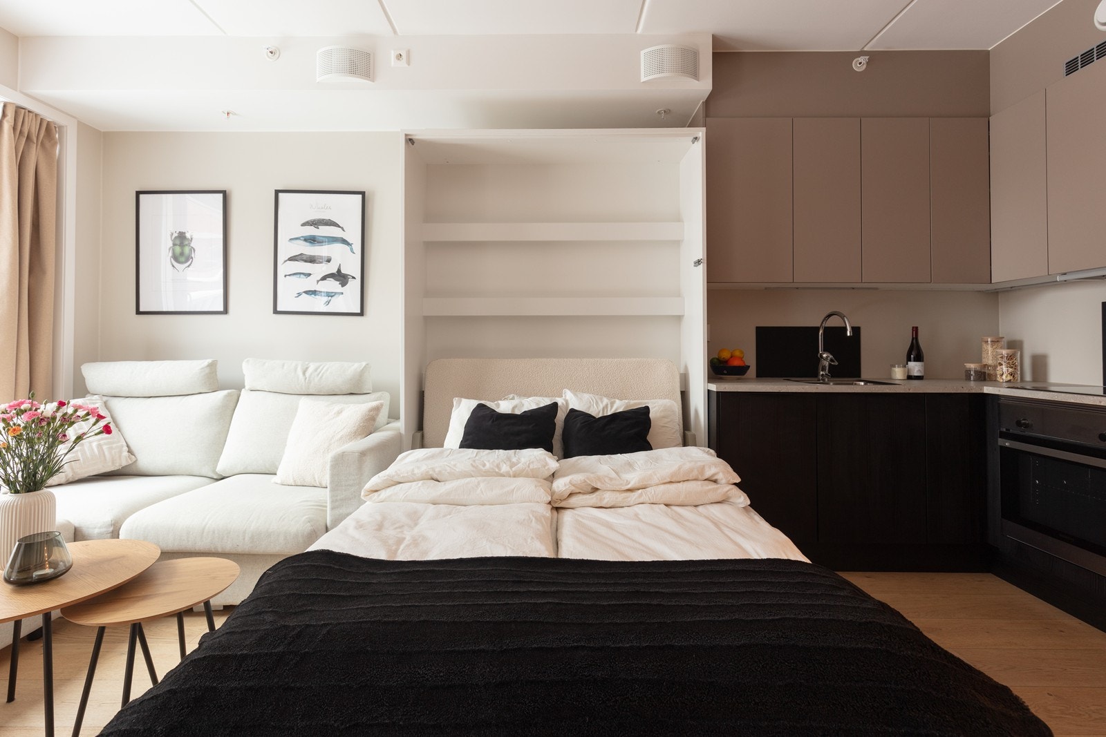 En plassbesparende skapseng transformerer enkelt stuen til et komfortabelt soverom. Galleribilde