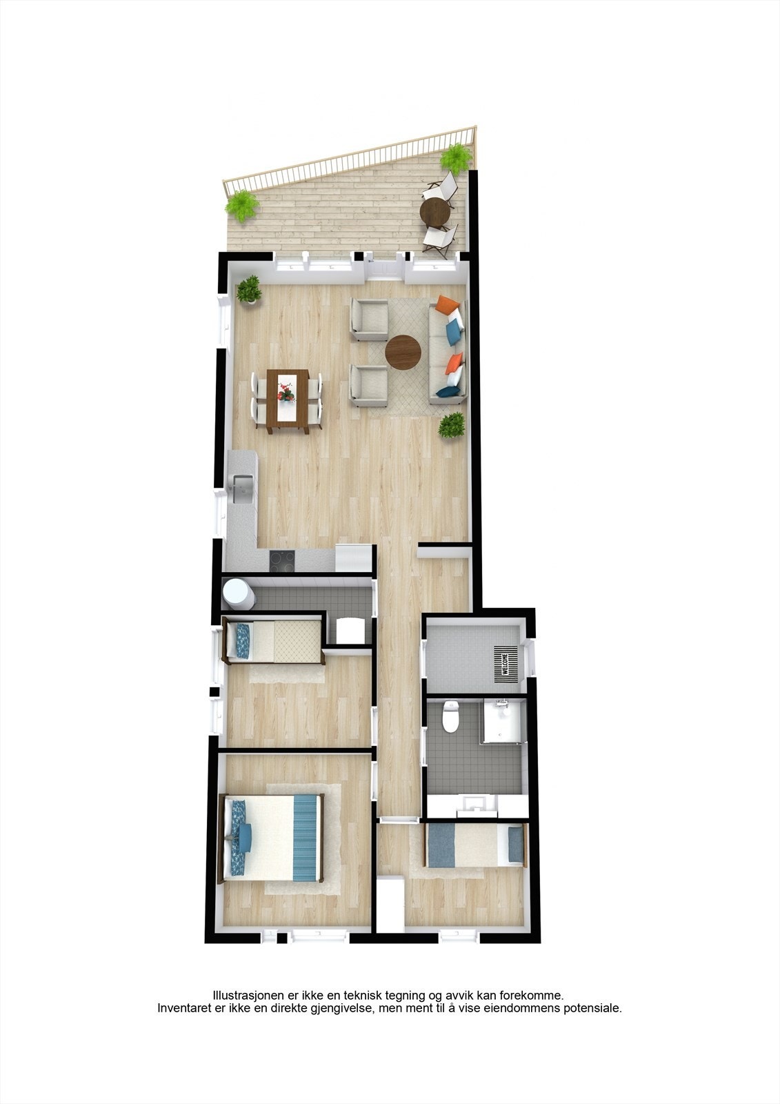 Illustrasjonen gir en god oversikt over leilighetens gjennomtenkte romfordeling. Galleribilde