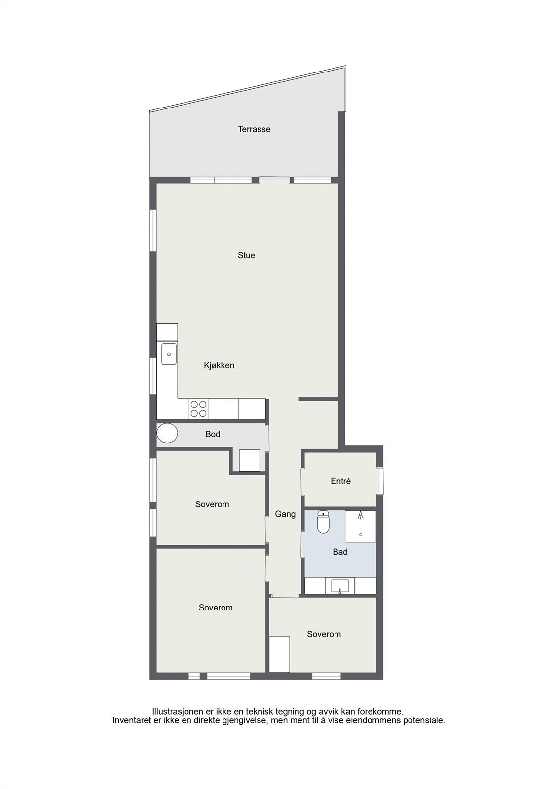 Planløsningen er arealeffektiv med tre soverom, bad og åpen stue- og kjøkkenløsning. Galleribilde