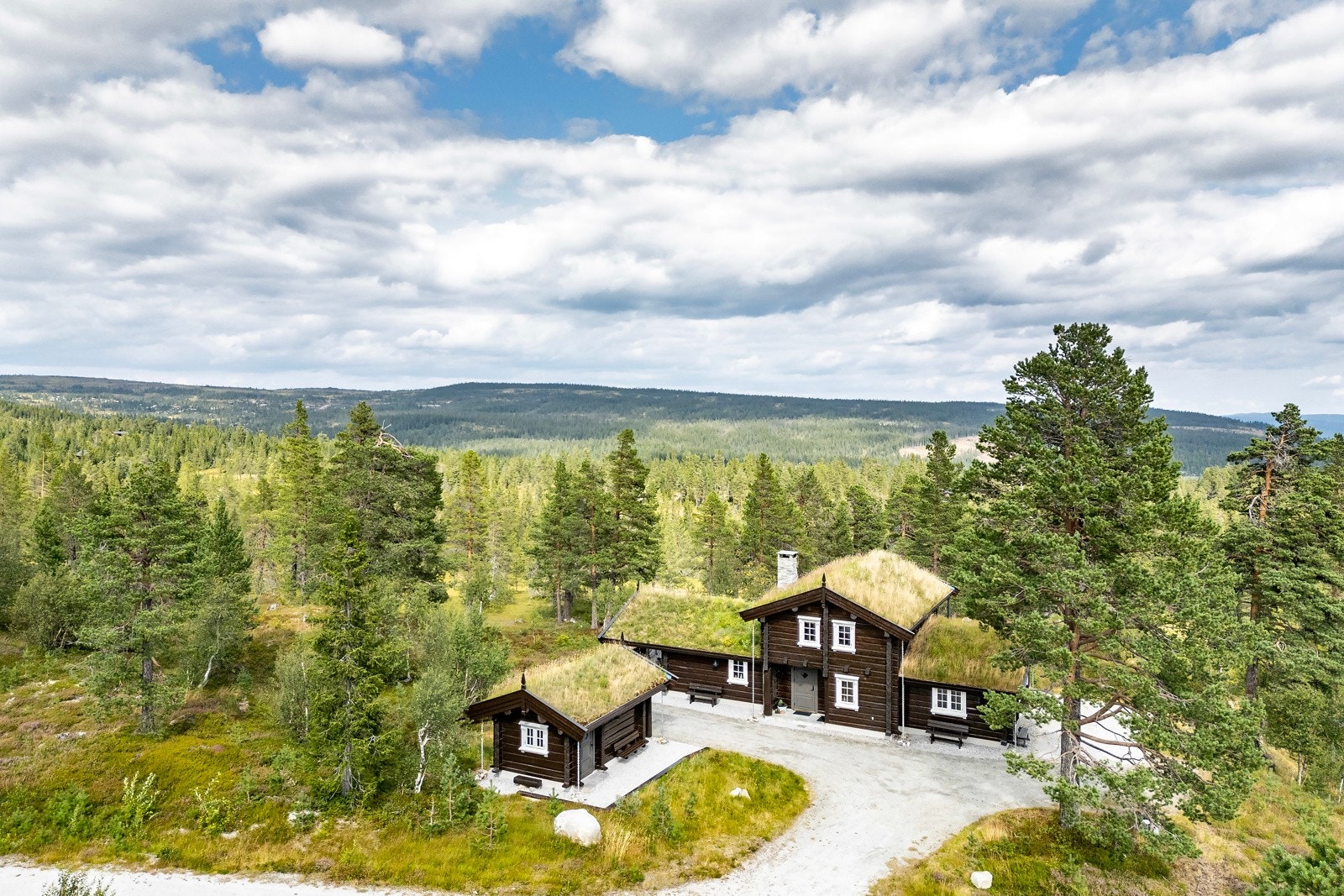 Tradisjonell hytte med torvtak, omgitt av skog og fjellandskap. Galleribilde