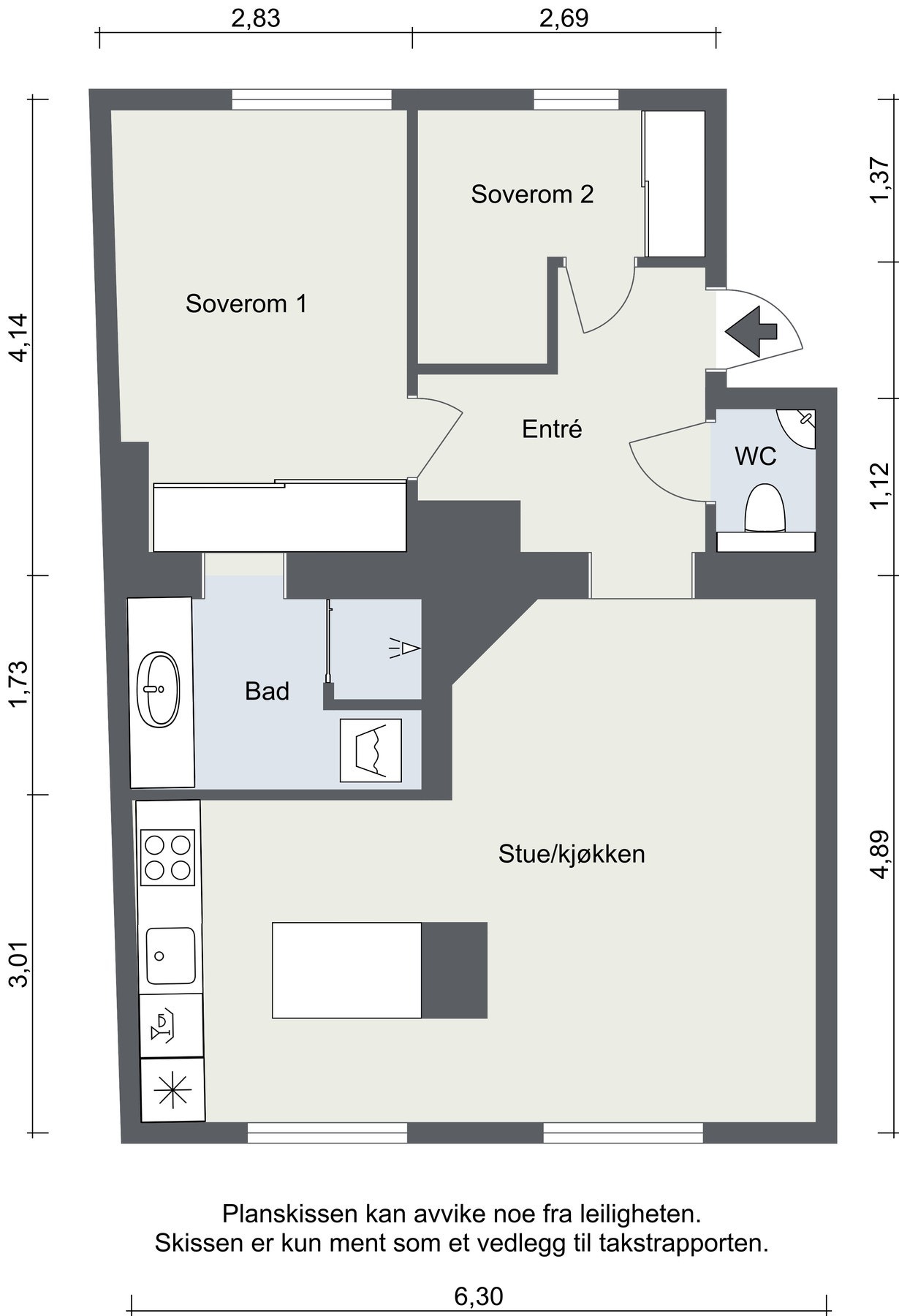 Plantegning. Leiligheten ligger i en høy første etasje uten sjenerende innsyn. Galleribilde