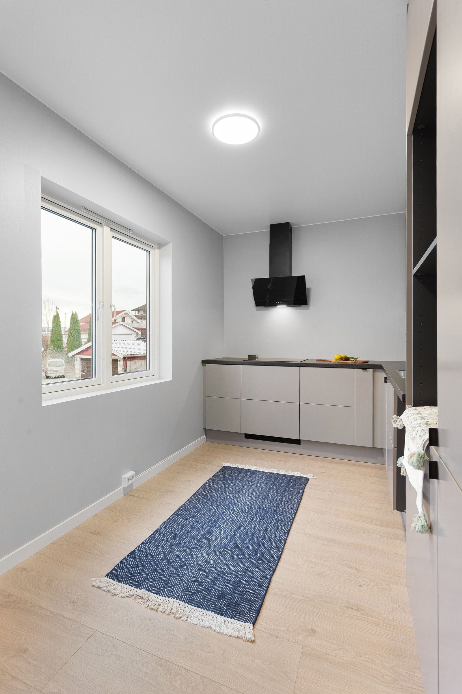 Kjøkkenet montert induksjonsplatetopp med integrert avtrekksvifte. Galleribilde