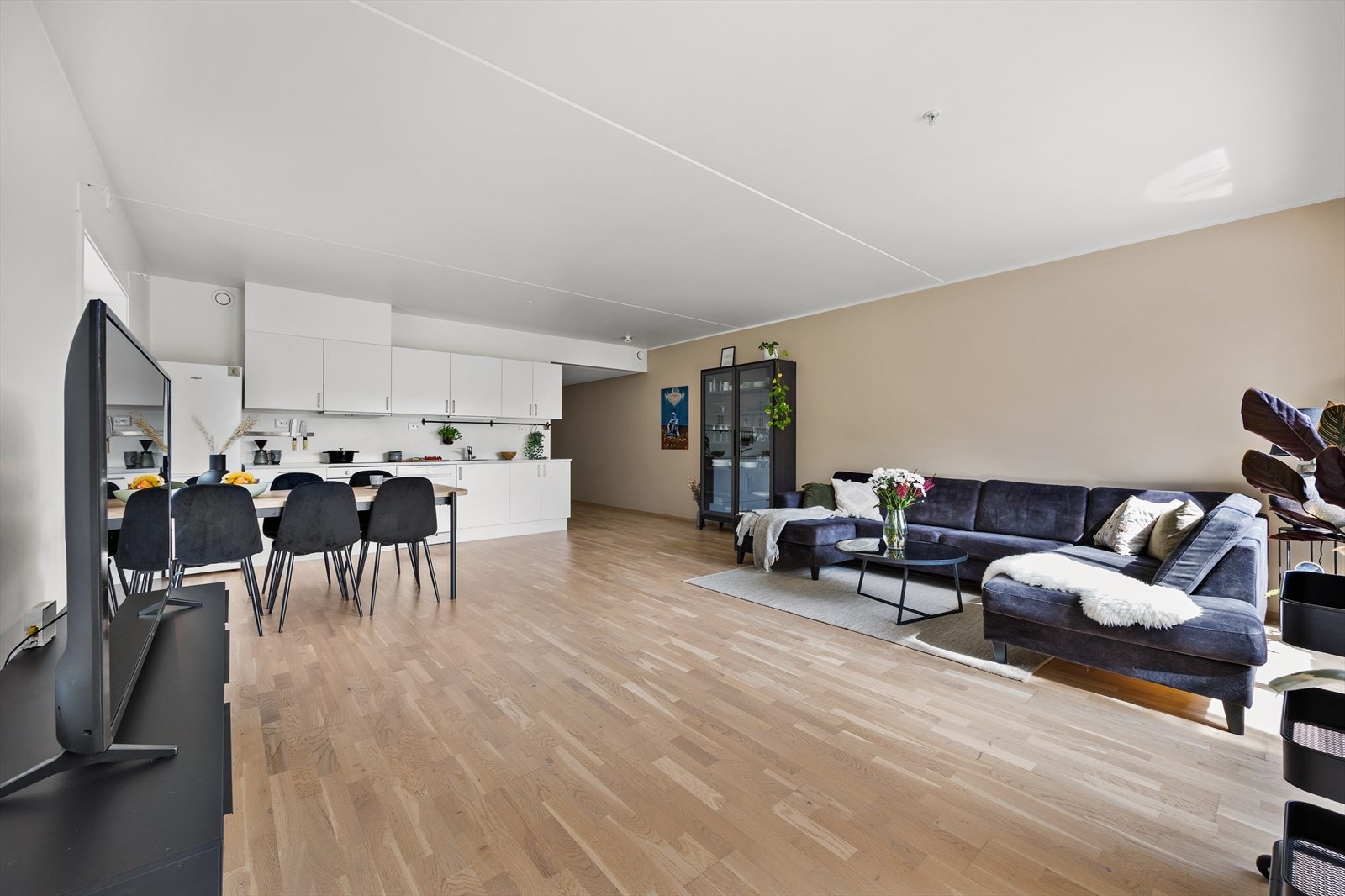 Et stort og lyst rom med naturlige møbleringssoner Galleribilde