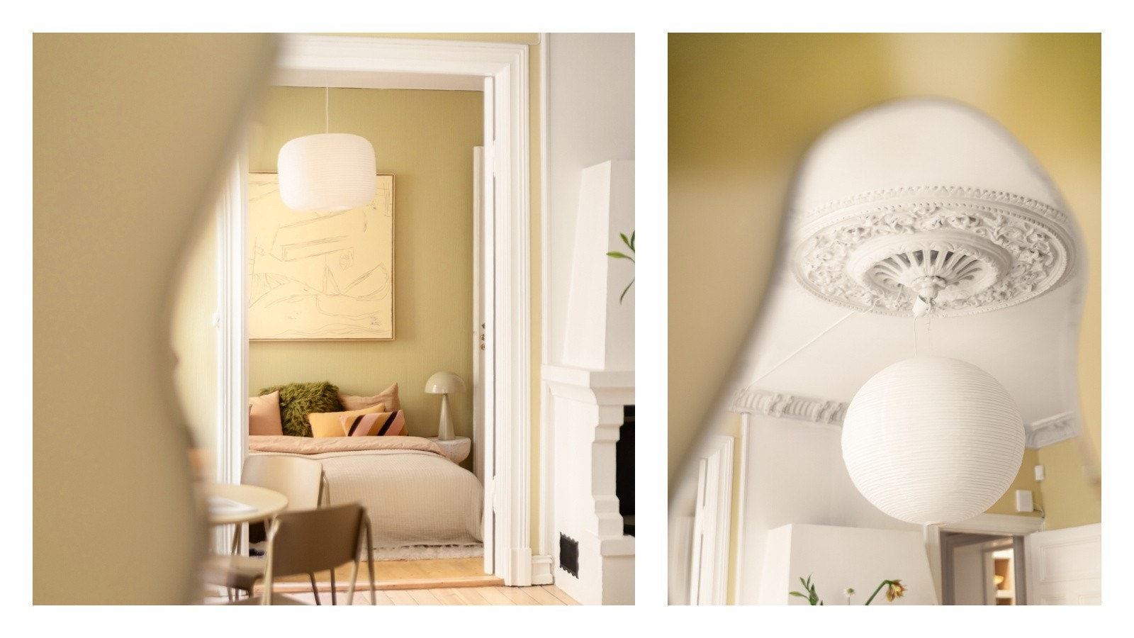 Detaljebilde av den bevart rosetten og stukkaturen - det er deilikate lysforhold i boligen. Galleribilde