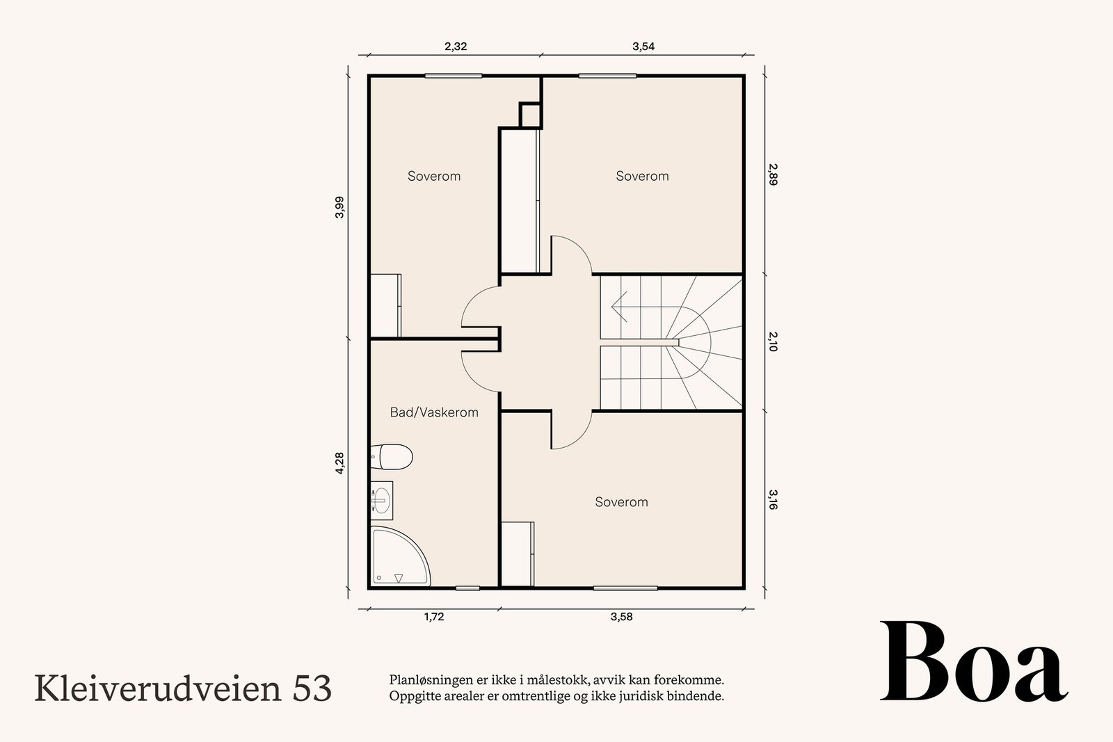 2. etasje: Trappegang, 3 soverom og bad/vaskerom. Lagringsloft med atkomst via nedfellbar stige. Galleribilde
