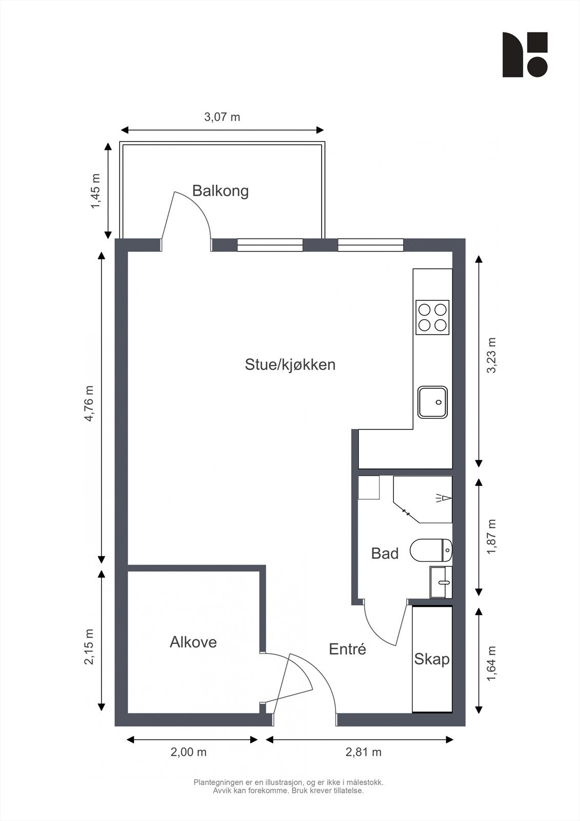 Leiligheten har en arealeffektiv planløsning med sørvendte glassflater og balkong. Lyst og luftig! Galleribilde