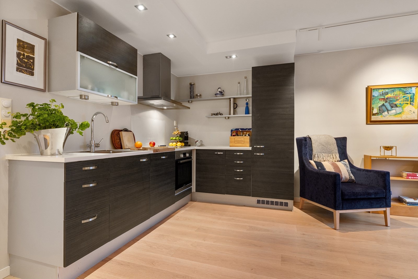 Hvitevarene er integrerte og består av oppvaskmaskin, stekeovn, induksjonskoketopp og kjøl-/fryseskap. Galleribilde