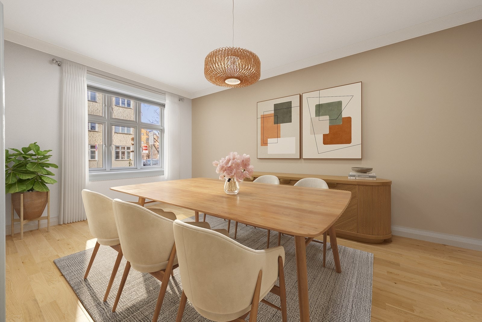 Virtuelt bilde: Fleksibelt rom som i dag illustreres som spisestue, men også egner seg som soverom. Galleribilde