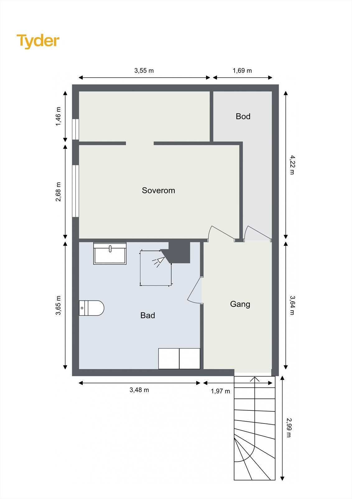 Vi går opp til andre etasje. Plantegningen viser et areal på 37 m² fordelt på gang, soverom, bad og bod. Galleribilde
