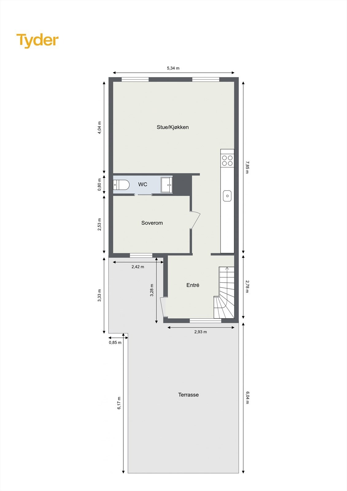 Første etasje har en arealeffektiv planløsning på 52 m² med åpen stue- og kjøkkenløsning. Galleribilde