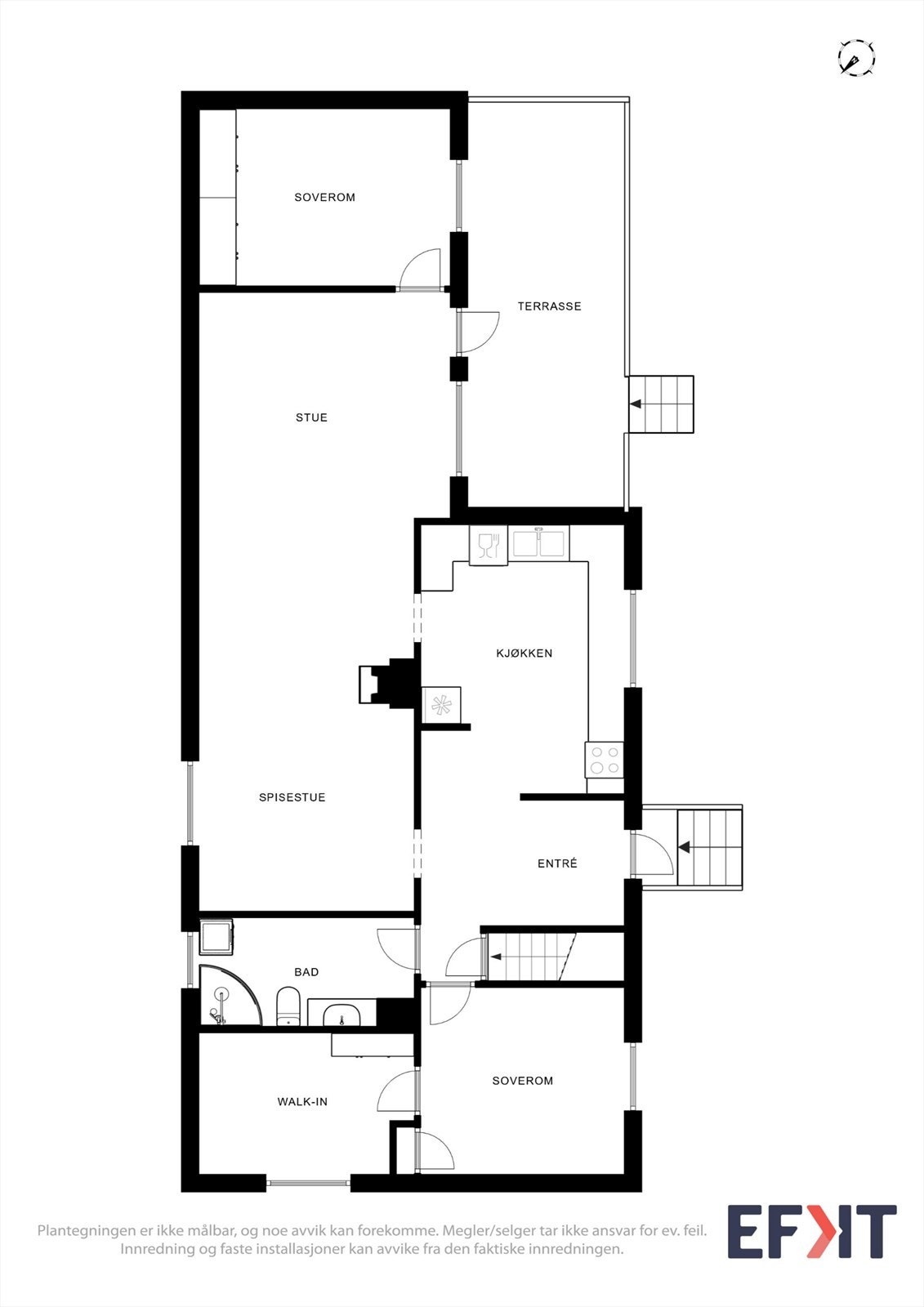 Plantegningen for 1. etasje viser en arealeffektiv løsning med tre soverom, bad, kjøkken og stue. Galleribilde