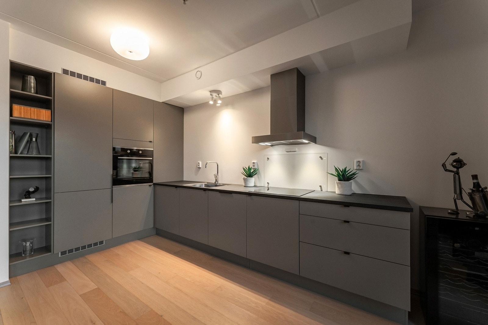 Kjøkkenet har integrert induksjonsplatetopp, stekeovn, oppvaskmaskin og kjøl/fryseskap. Galleribilde