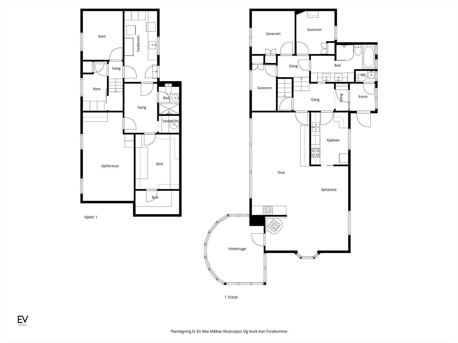 Plantegning. Plantegningen viser rommenes faktiske bruk og avviker fra godkjente tegninger. Galleribilde
