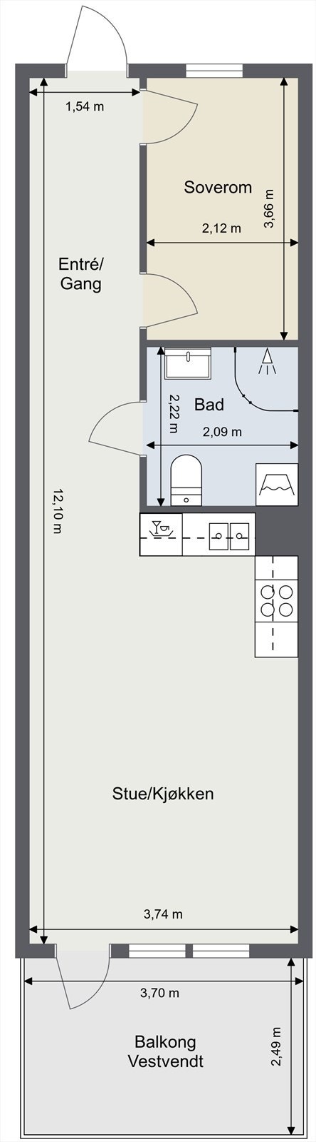 En arealeffektiv planløsning med entré, soverom, bad og en åpen sone for stue og kjøkken. Galleribilde