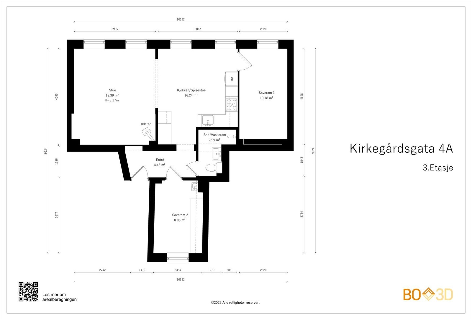 Planskisse 3.etg, 64 kvm: Entré, stue og kjøkken/spisestue, to soverom og baderom. Leiligheten disponerer en bod i kjeller på 6,6 kvm. Galleribilde