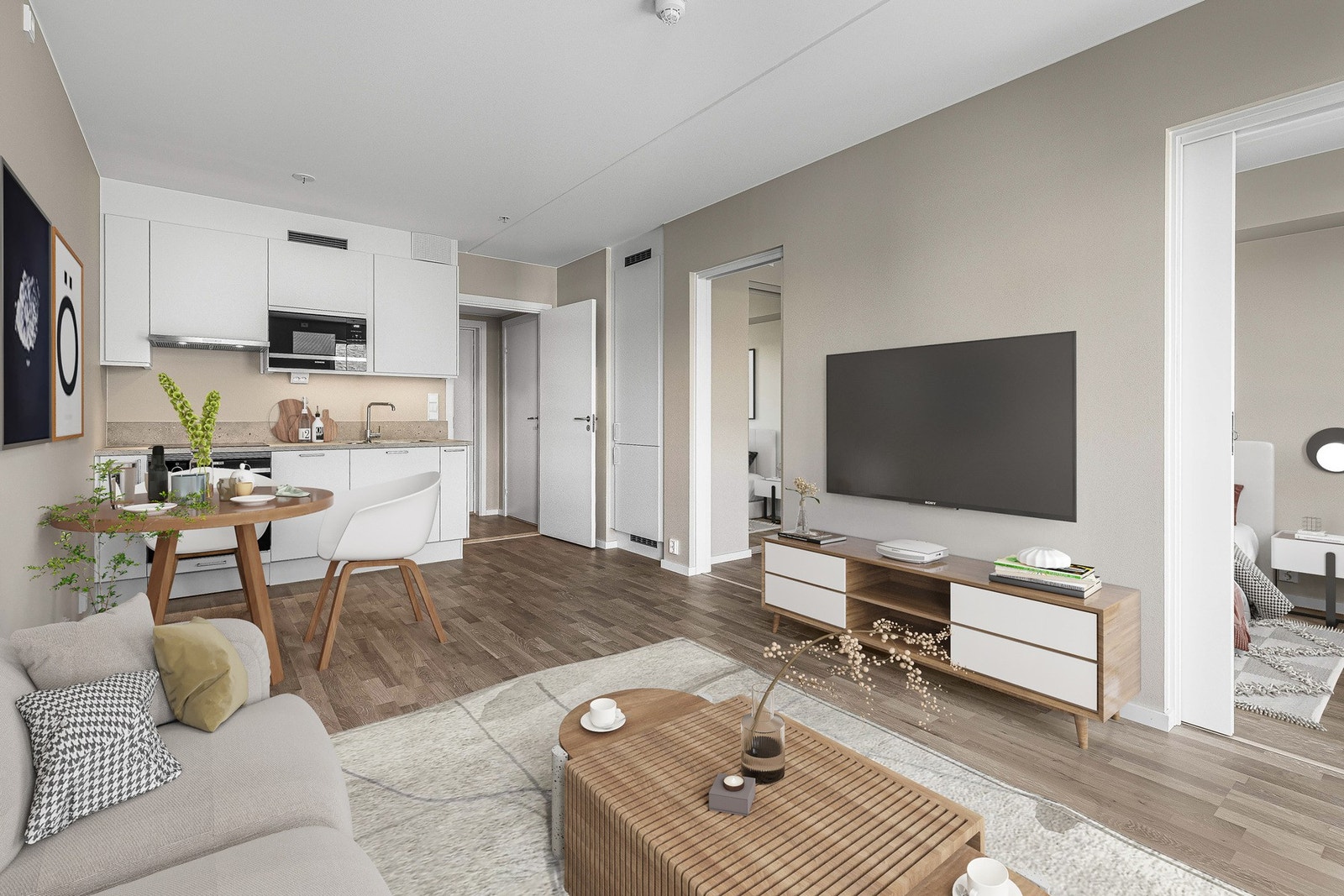 Leiligheten fremstår med tidsmessige farge- og materialvalg og god planløsning. Stuen og kjøkkenet danner et luftig allrom med god møbelplass, og kjøkkenet har alle hvitevarer integrert. Galleribilde