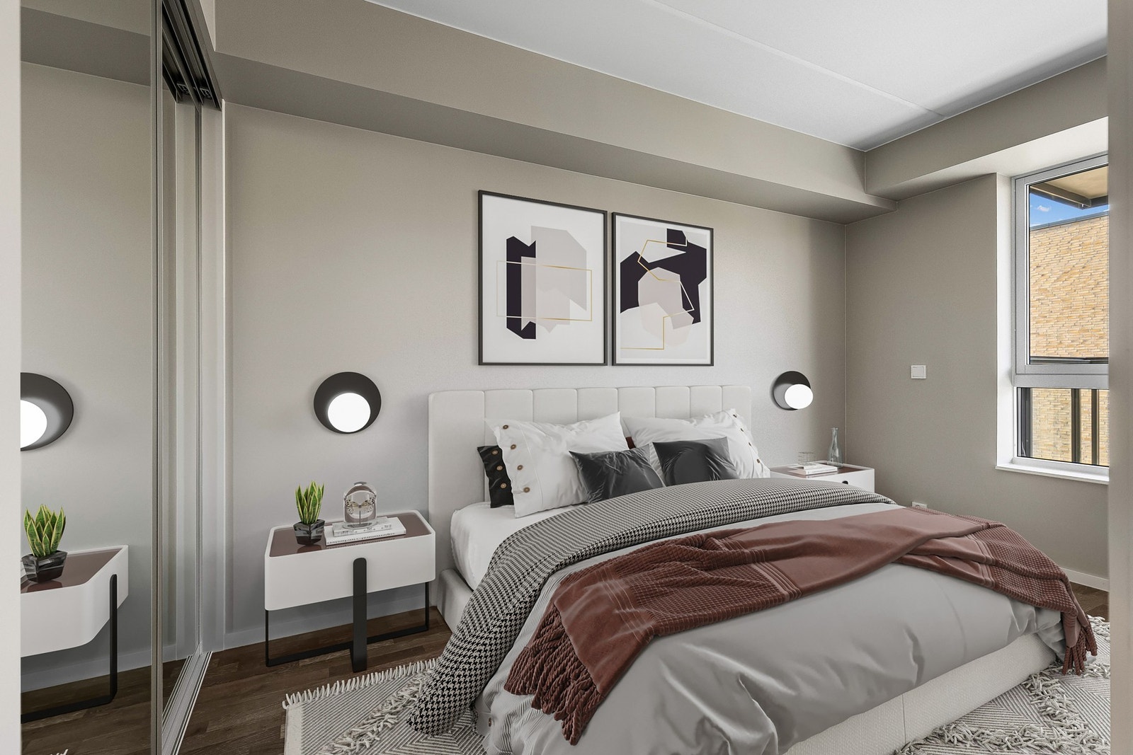 Soverommet har adkomst via to plassbesparende skyvedører fra stuen, og mellom dørene er det en perfekt plass for en dobbeltseng. Galleribilde