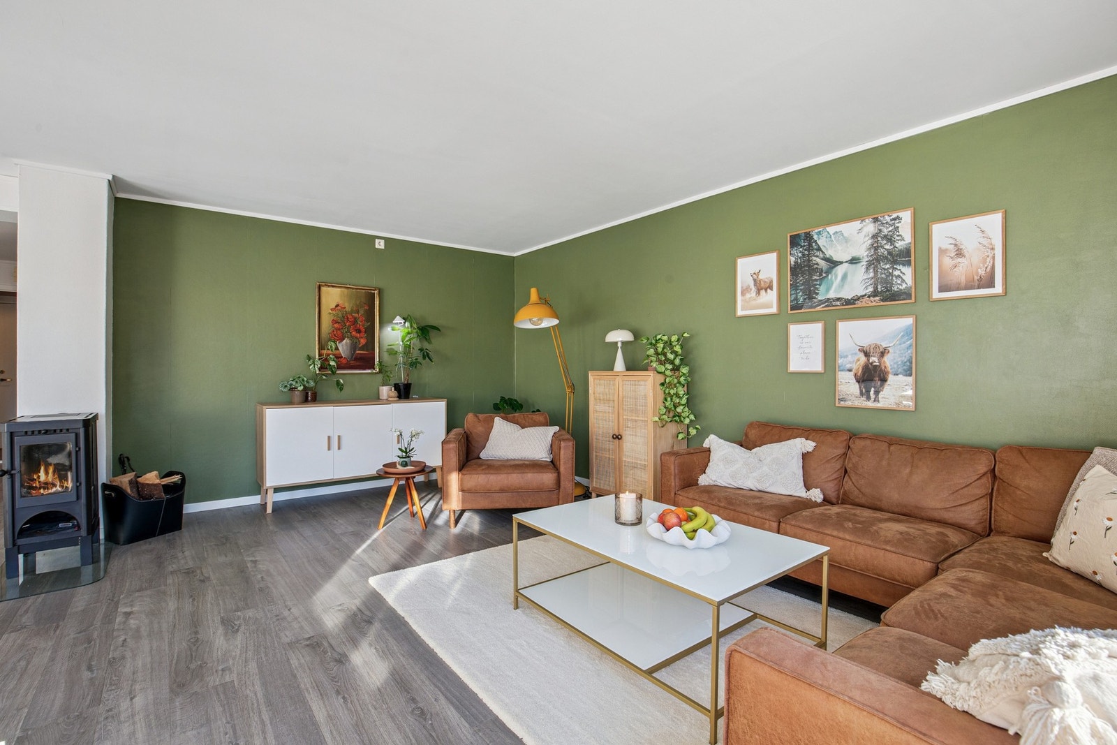 Det er både vedovn og varmepumpe på stue Galleribilde