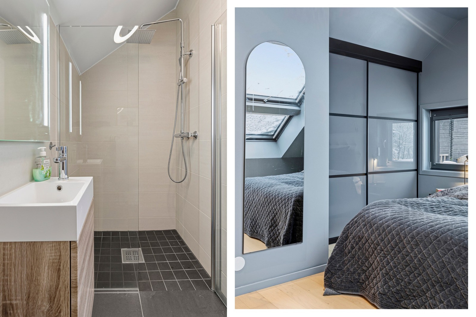 Badet er innredet med veggmontert toalett, heldekkende servant med underskap, og dusjhjørne med glassvegger. Galleribilde