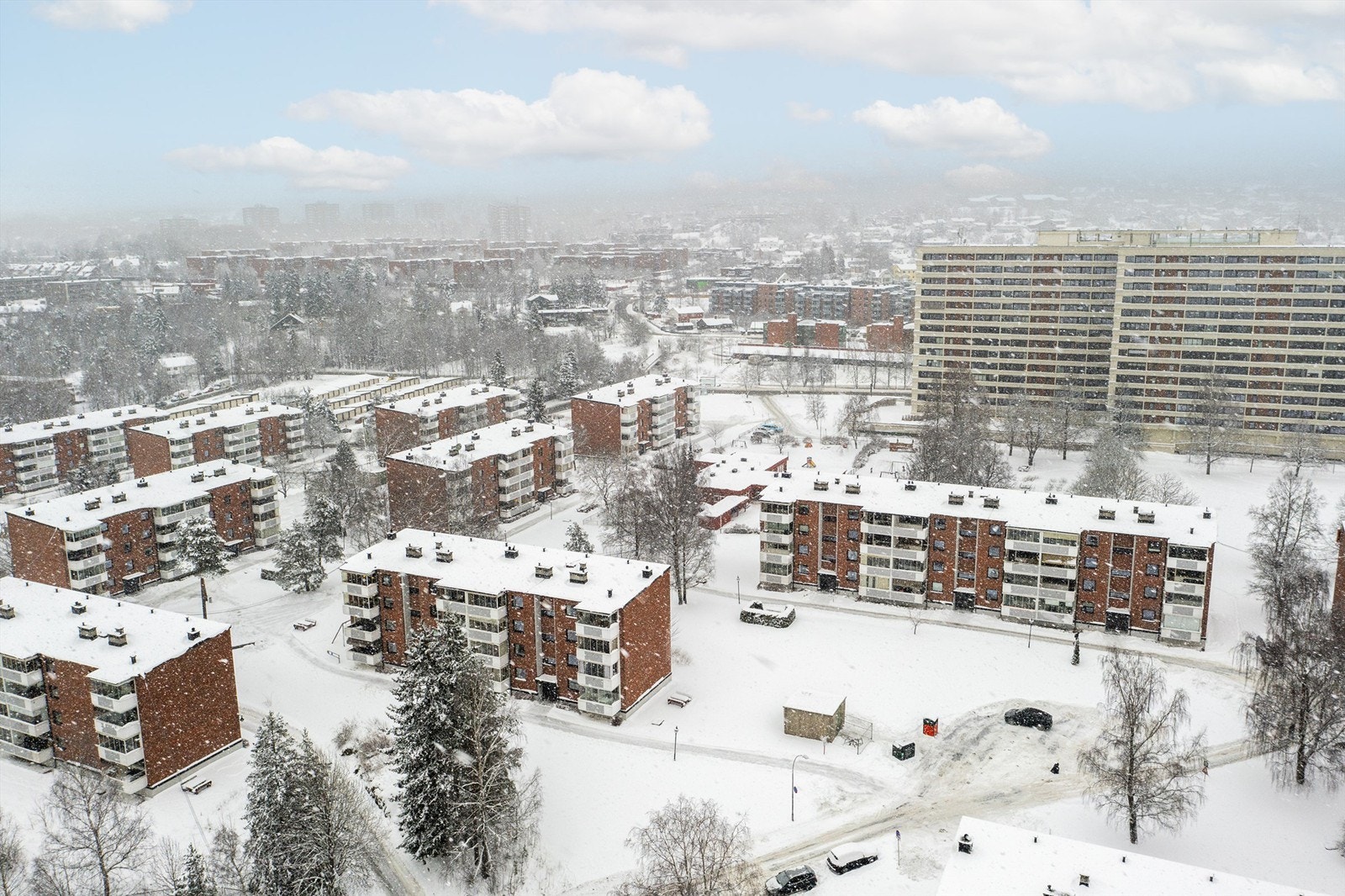 Oversiktsbilde av borettslaget. Østmarka i horisonten. Galleribilde