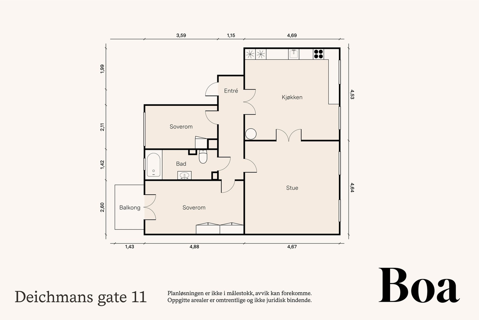 Leiligheten har en smart planløsning på 81 kvm med entré, to soverom, balkong, bad, stue og kjøkken. Galleribilde
