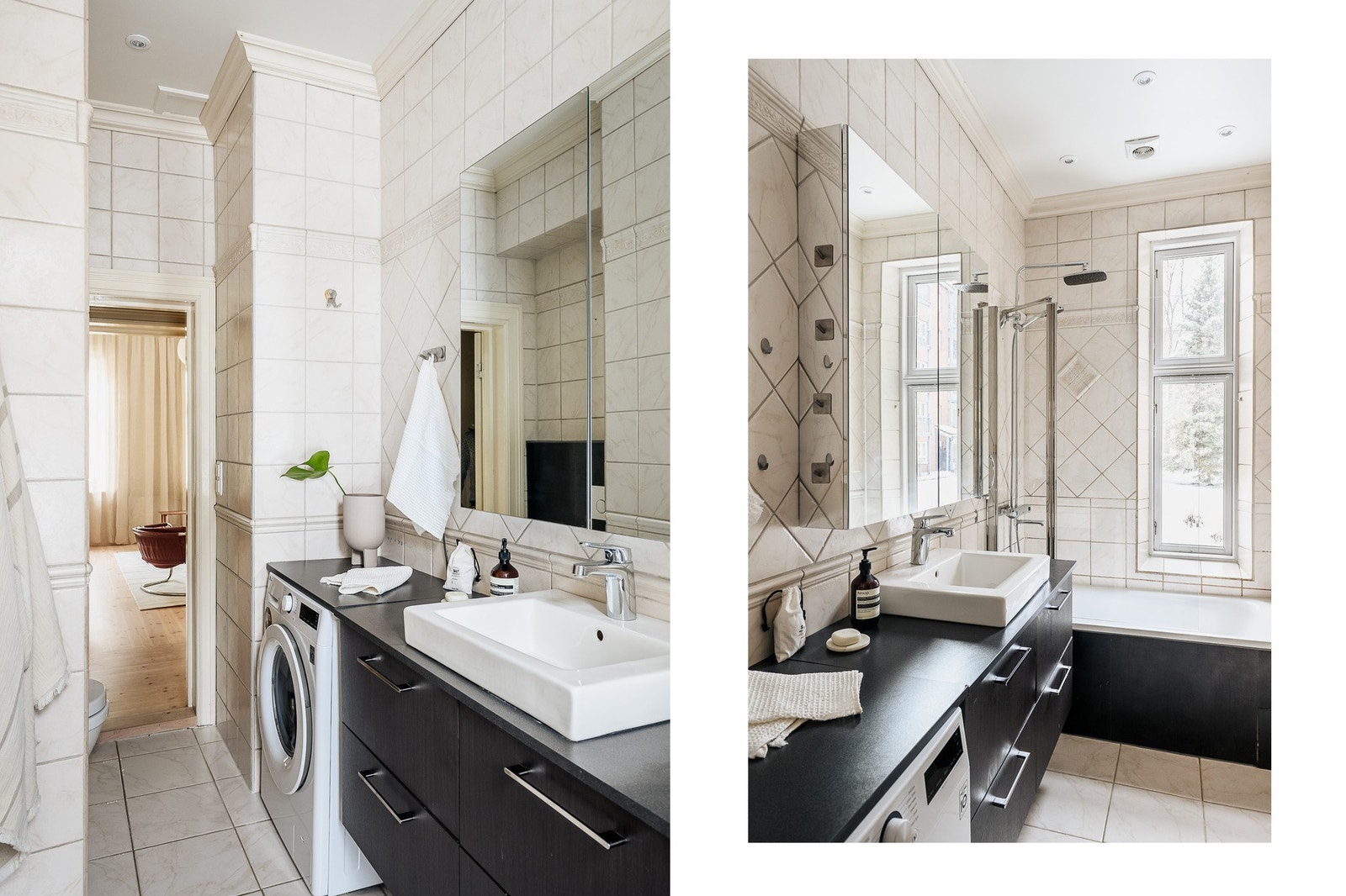 Badet har flislagte overflater, varmekabler i gulvet og et innebygget badekar med regndusj. Behagelig med vindu og naturlig lys. Galleribilde