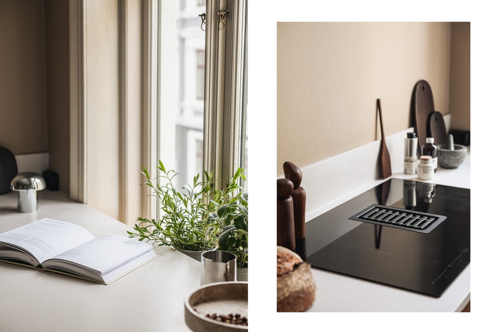 Benkeplaten i Corian gir rikelig med arbeidsflate, og induksjonstoppen har integrert kullfiltervifte. Galleribilde