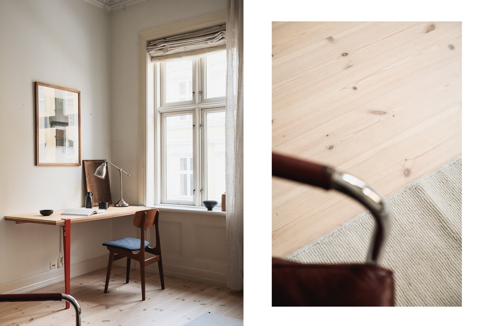 De originale, slipte furugulvene og brystningsspeil under vinduene gir rommet karakter. Galleribilde