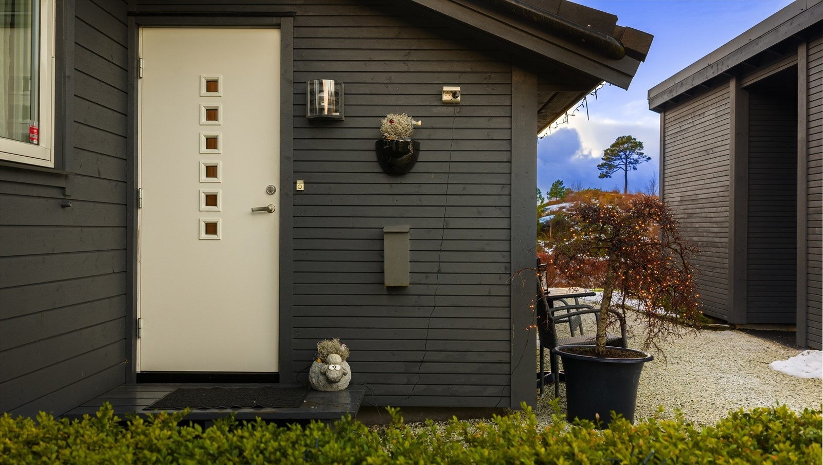 Inngangssiden av huset opparbeidet med murer, gjerde, hekk og lys hagesingel Galleribilde