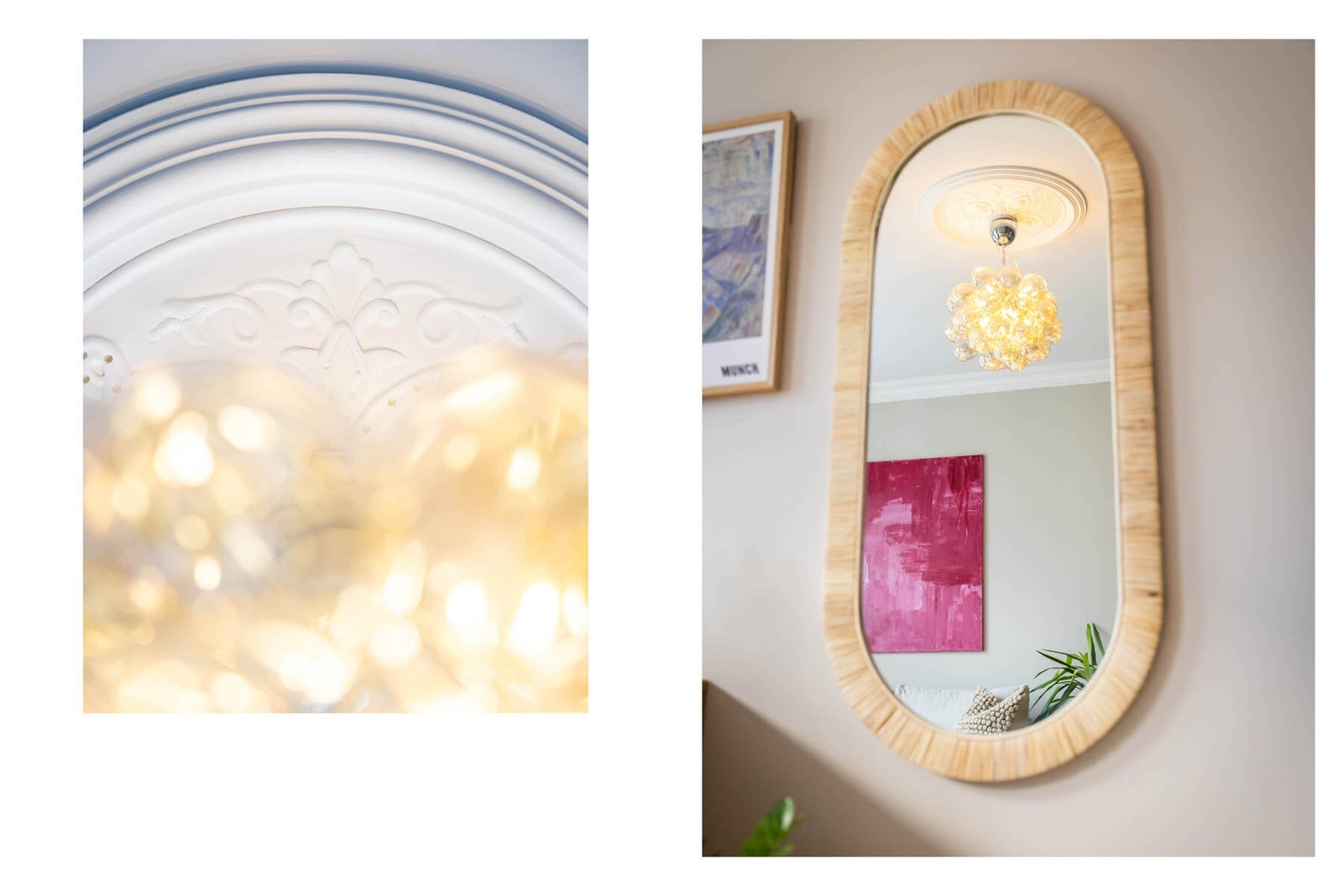 En dekorativ rosett i himlingen tilfører stuen et klassisk og elegant preg Galleribilde