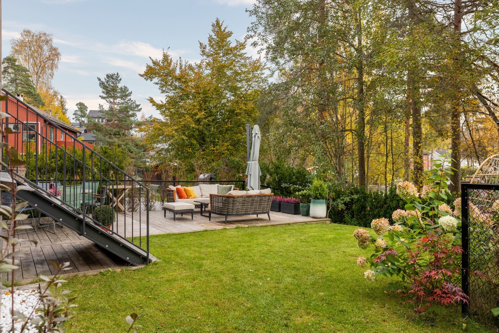 Hage med plen, prydbusker, epletre og stor markterrasse. Galleribilde