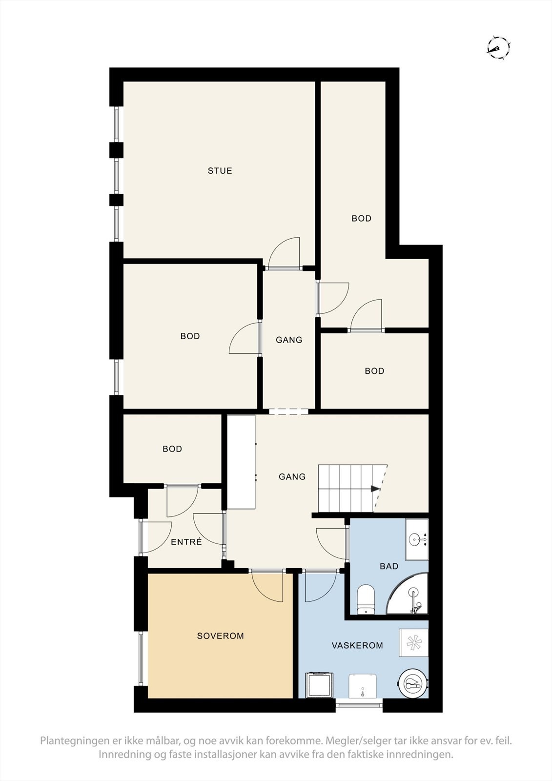 Plantegning sokkeletasje - den store boden vegg-i-vegg med kjellerstua benyttes i dag som huset fjerde soverom. Galleribilde