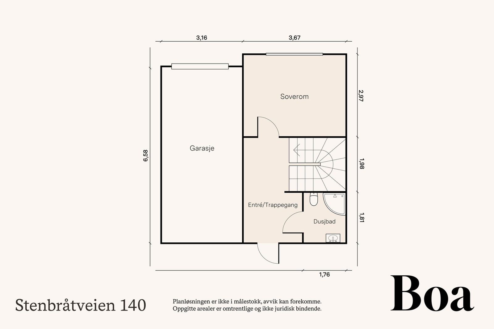 Plan 2: Entre/trappegang, dusjbad og soverom. Garasje med gulvareal på ca 20 m² med utvendig atkomst.
Utvendig bod ved inngangssiden på 3 m². Galleribilde