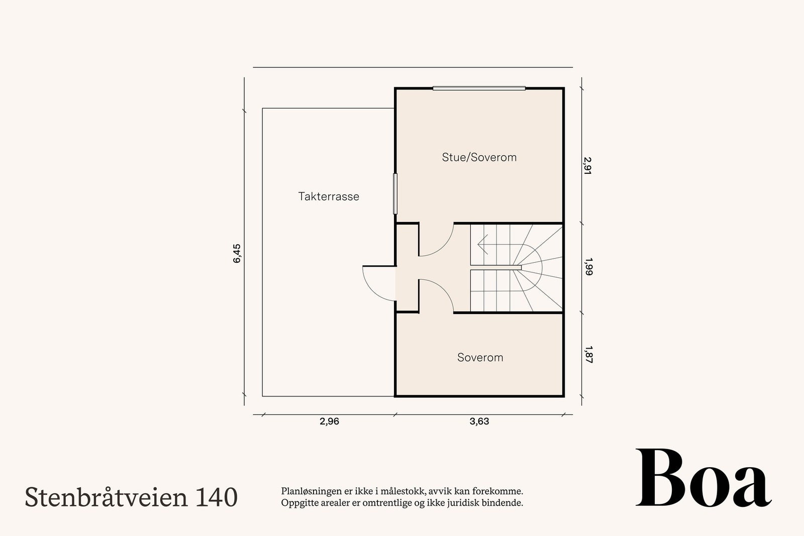 Plan 3: Trappegang og 2 soverom. Romhøyde 2,47 m.
Fra trappegangen er det utgang til terrasse på ca 19 m². Galleribilde