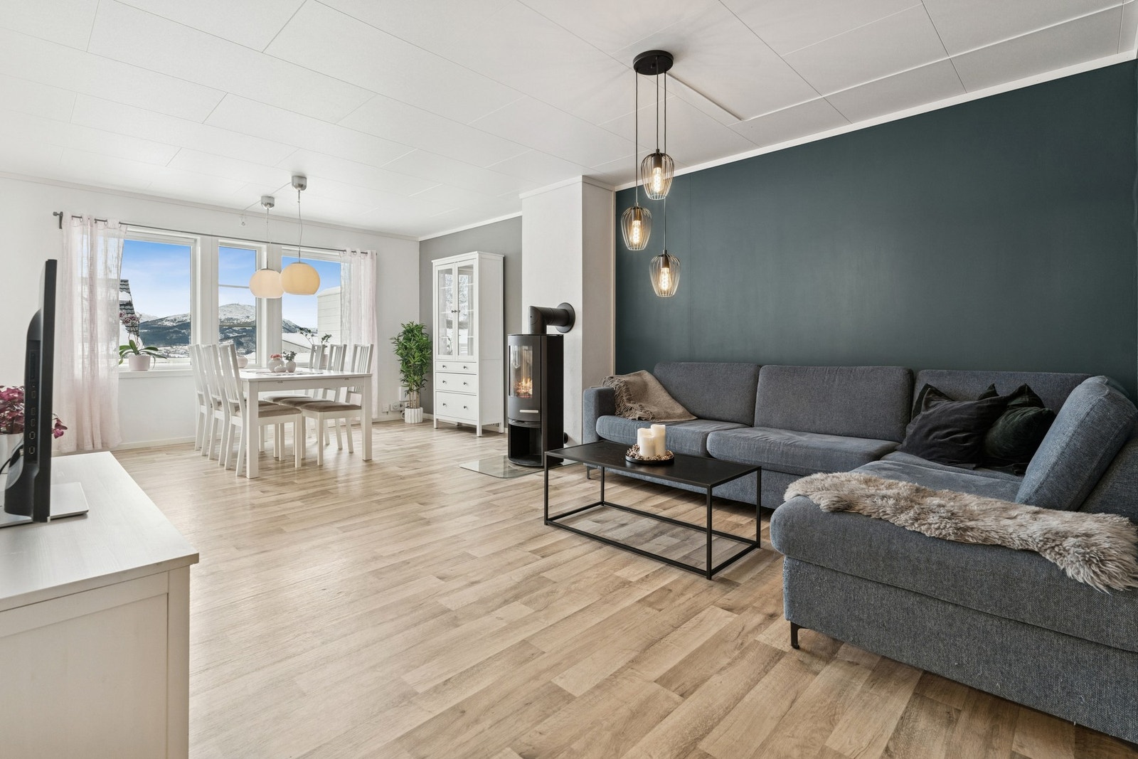 Stuen er av god størrelse og har naturlige soner. Galleribilde