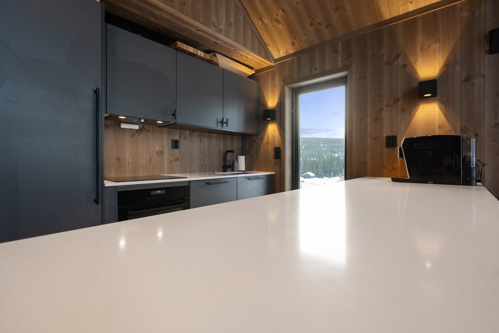 Benkeplaten er utført i stein og gir både et eksklusivt preg og en slitesterk arbeidsflate godt egnet for daglig bruk og matlaging. Galleribilde