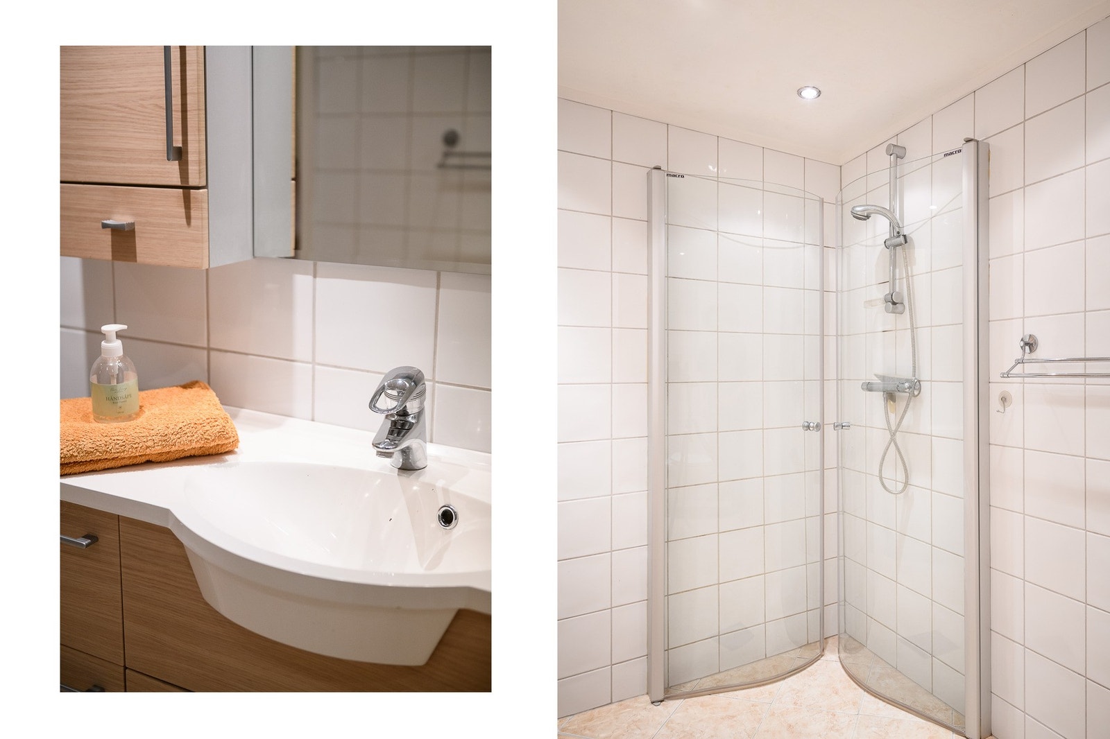 Badet har et dusjhjørne med plassbesparende glassdører. Galleribilde